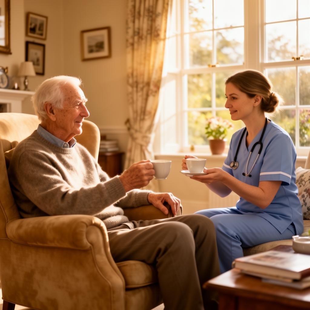 Carer sharing a quiet moment with an elderly client at home